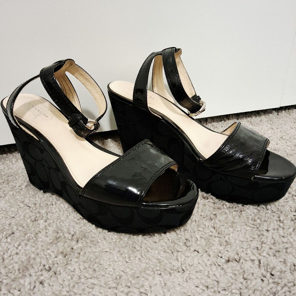 Coach Nalene Platform Ankle Strap Wedge Sandals Signature C Black Size 7
